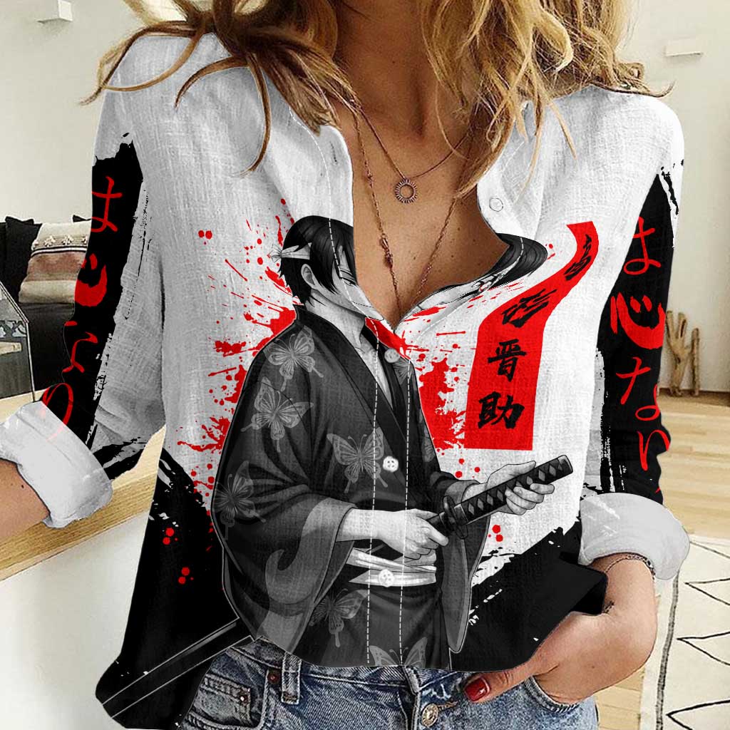 Shinsuke Takasugi Gintama Samurai Design Women Casual Shirt with Katana, Red Calligraphy and Oni Mask Art - The Mazicc