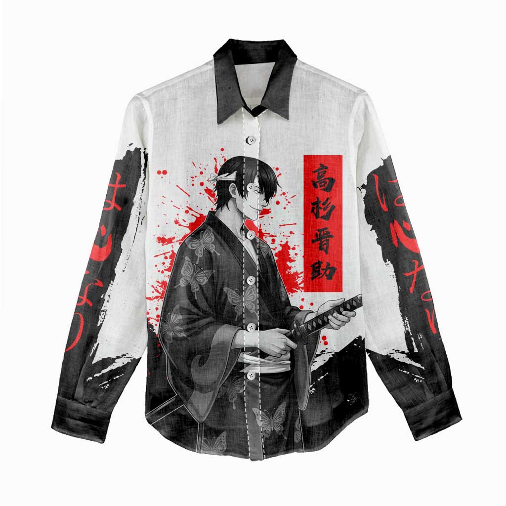Shinsuke Takasugi Gintama Samurai Design Women Casual Shirt with Katana, Red Calligraphy and Oni Mask Art - The Mazicc