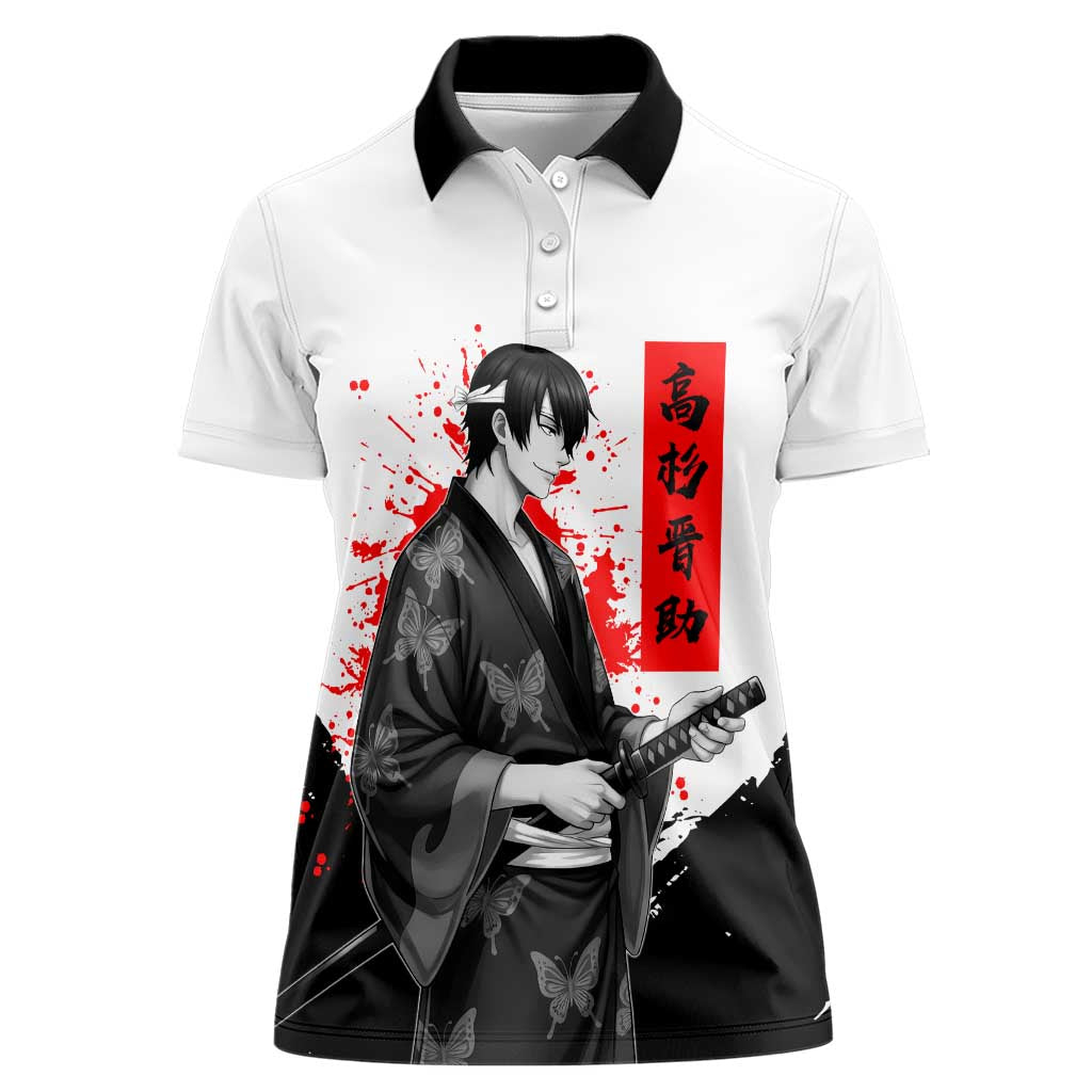 Shinsuke Takasugi Gintama Samurai Design Women Polo Shirt with Katana, Red Calligraphy and Oni Mask Art - The Mazicc