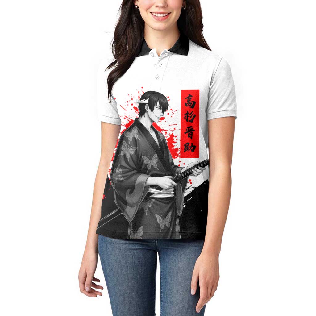 Shinsuke Takasugi Gintama Samurai Design Women Polo Shirt with Katana, Red Calligraphy and Oni Mask Art - The Mazicc