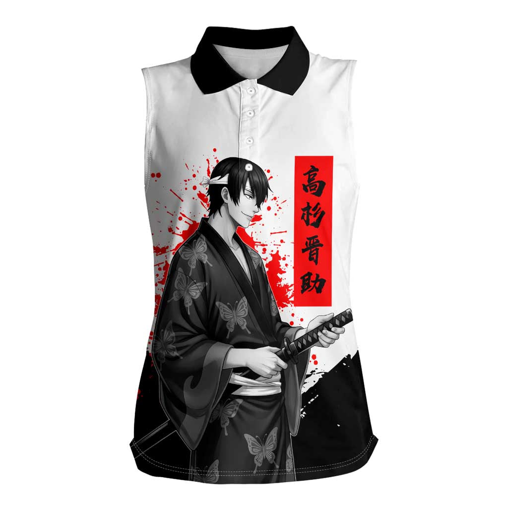 Shinsuke Takasugi Gintama Samurai Design Women Sleeveless Polo Shirt with Katana, Red Calligraphy and Oni Mask Art - The Mazicc