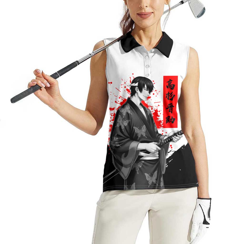 Shinsuke Takasugi Gintama Samurai Design Women Sleeveless Polo Shirt with Katana, Red Calligraphy and Oni Mask Art - The Mazicc