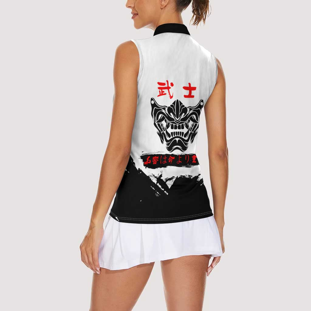 Shinsuke Takasugi Gintama Samurai Design Women Sleeveless Polo Shirt with Katana, Red Calligraphy and Oni Mask Art - The Mazicc