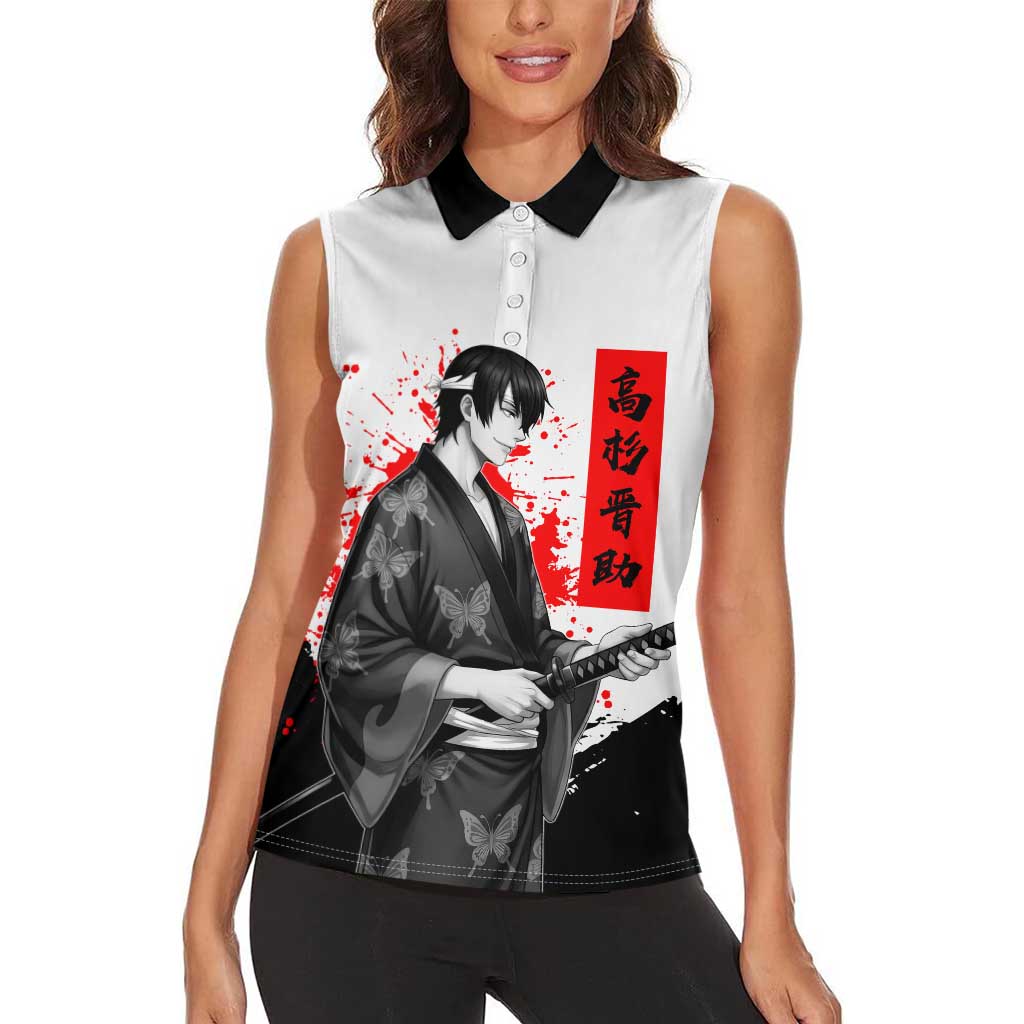 Shinsuke Takasugi Gintama Samurai Design Women Sleeveless Polo Shirt with Katana, Red Calligraphy and Oni Mask Art - The Mazicc