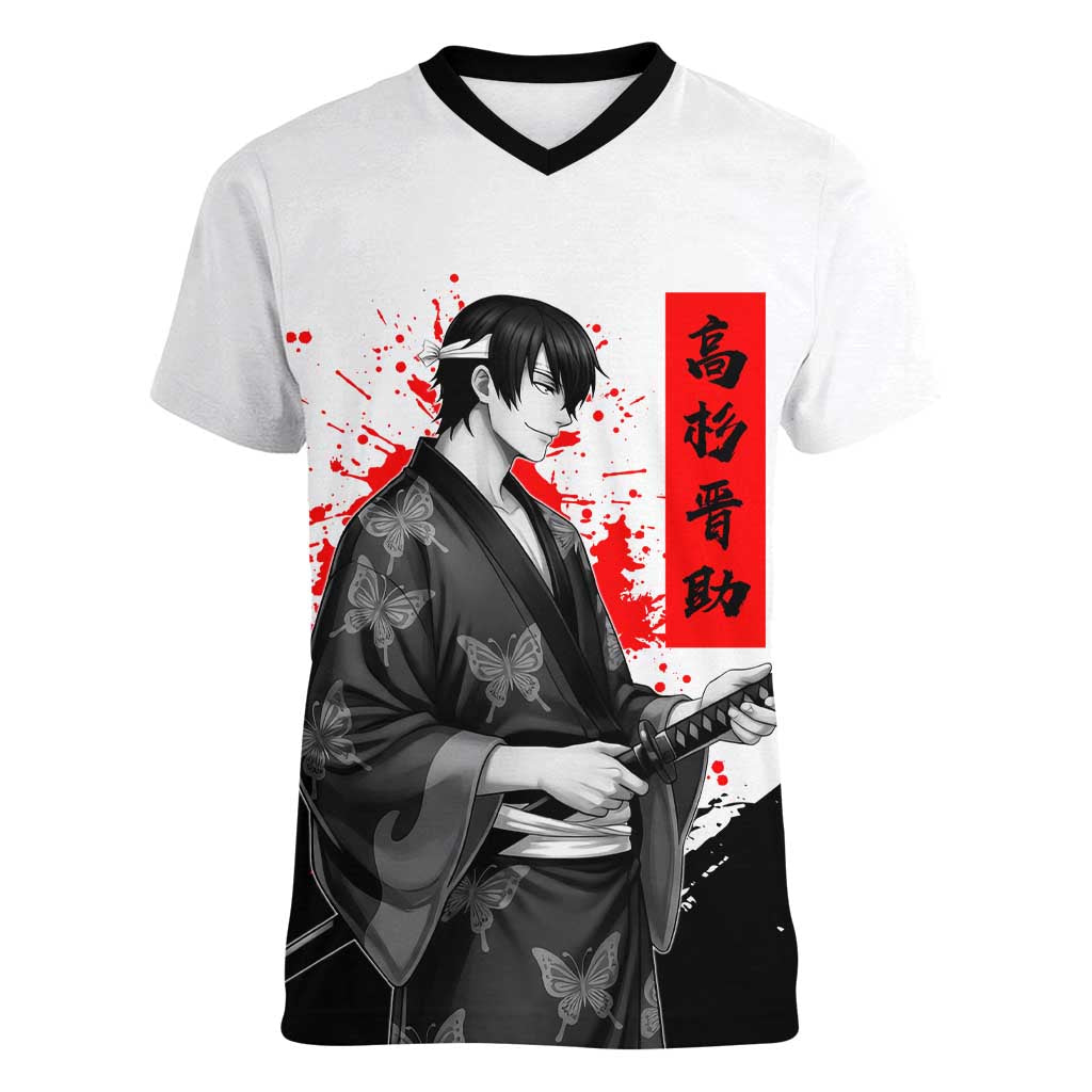 Shinsuke Takasugi Gintama Samurai Design Women V-Neck T-Shirt with Katana, Red Calligraphy and Oni Mask Art - The Mazicc
