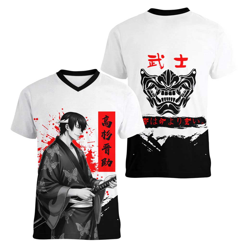 Shinsuke Takasugi Gintama Samurai Design Women V-Neck T-Shirt with Katana, Red Calligraphy and Oni Mask Art - The Mazicc