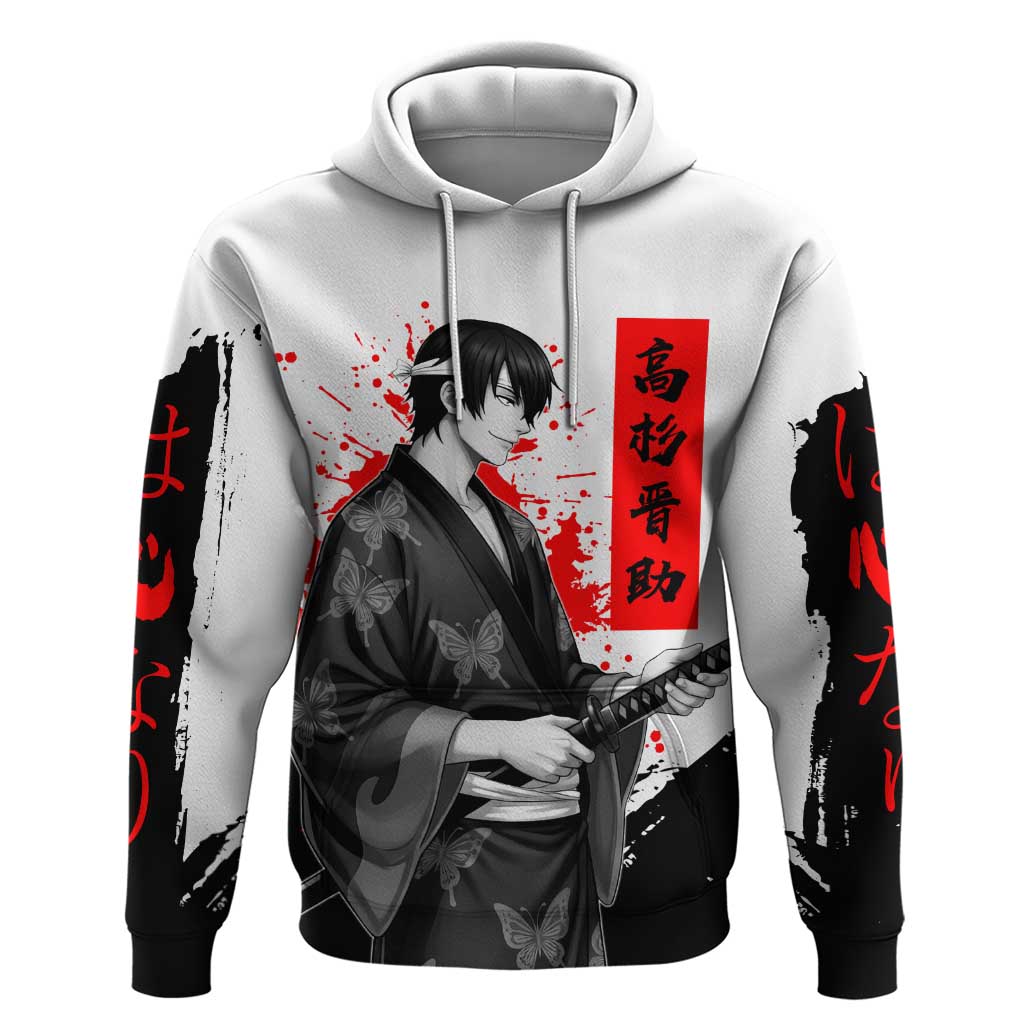 Shinsuke Takasugi Gintama Samurai Design Zip Hoodie with Katana, Red Calligraphy and Oni Mask Art - The Mazicc