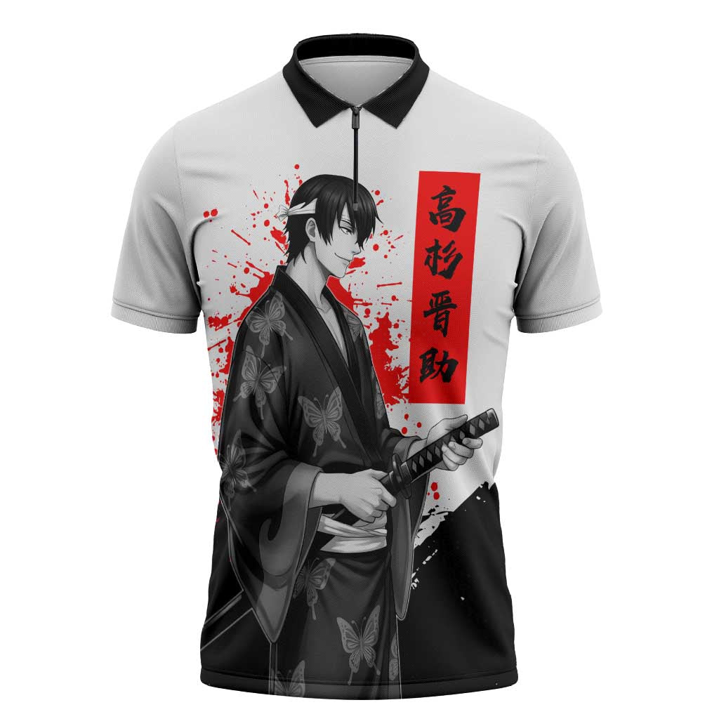 Shinsuke Takasugi Gintama Samurai Design Zipper Polo Shirt with Katana, Red Calligraphy and Oni Mask Art - The Mazicc