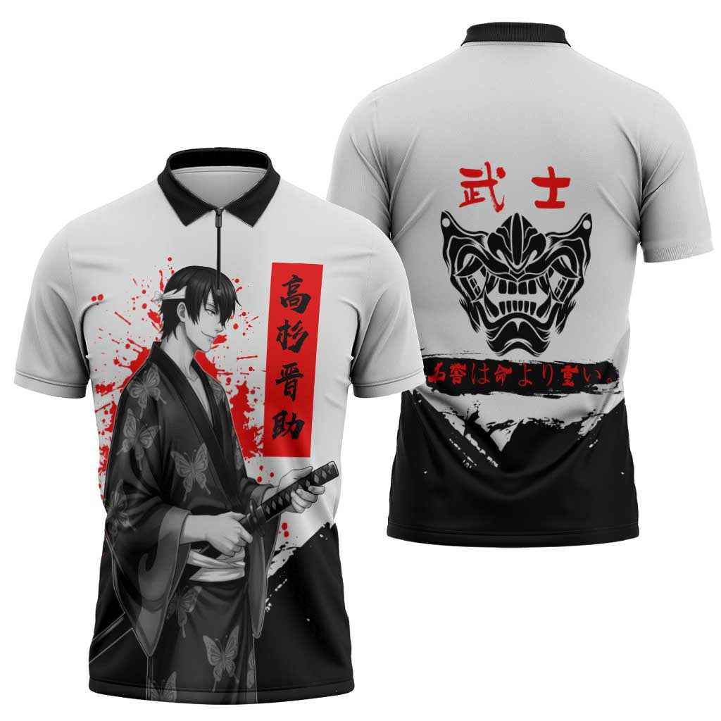 Shinsuke Takasugi Gintama Samurai Design Zipper Polo Shirt with Katana, Red Calligraphy and Oni Mask Art - The Mazicc