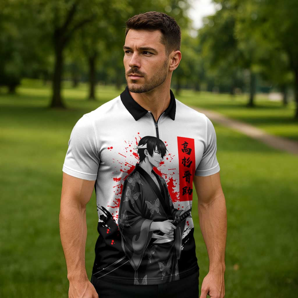 Shinsuke Takasugi Gintama Samurai Design Zipper Polo Shirt with Katana, Red Calligraphy and Oni Mask Art - The Mazicc