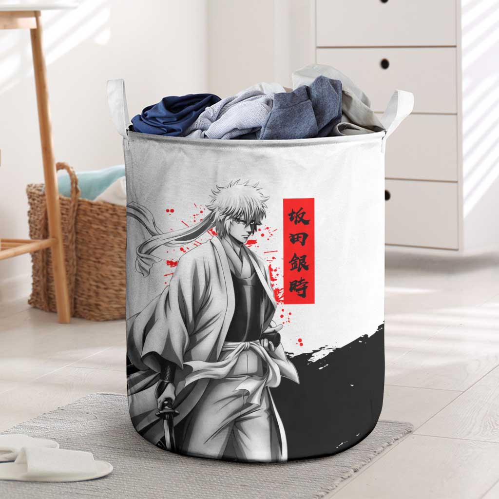 Gintoki Sakata Gintama Samurai Design Laundry Basket with Katana, Red Kanji Calligraphy and Oni Mask Graphic - The Mazicc