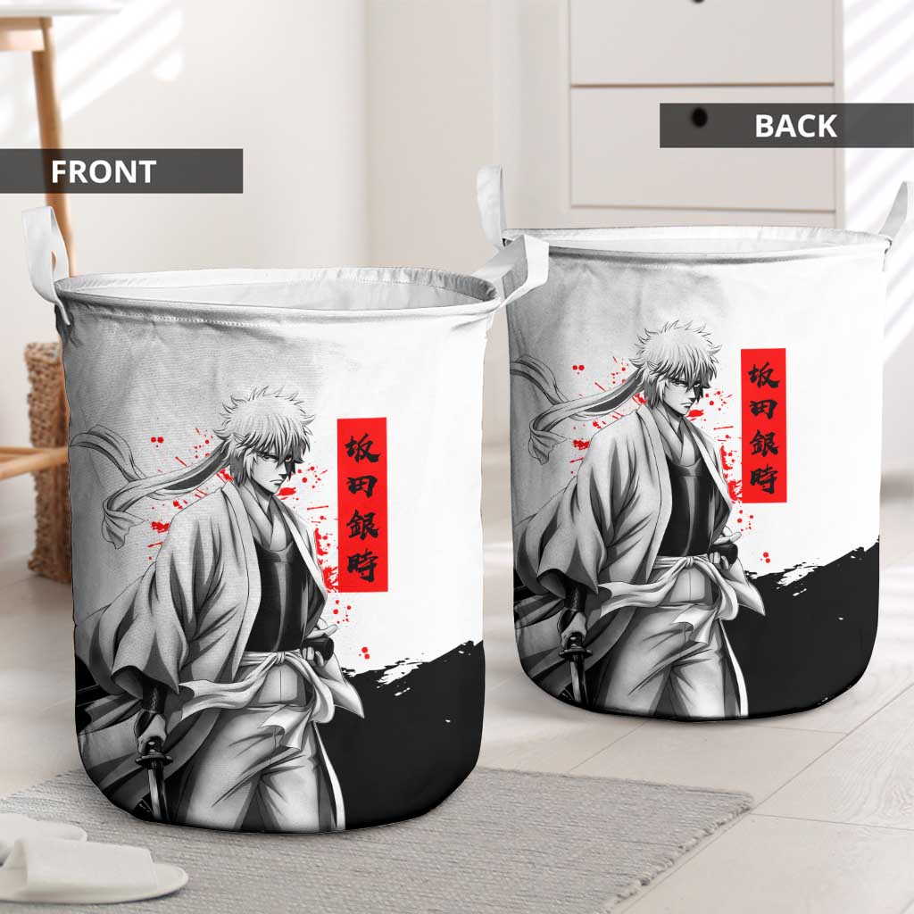 Gintoki Sakata Gintama Samurai Design Laundry Basket with Katana, Red Kanji Calligraphy and Oni Mask Graphic - The Mazicc