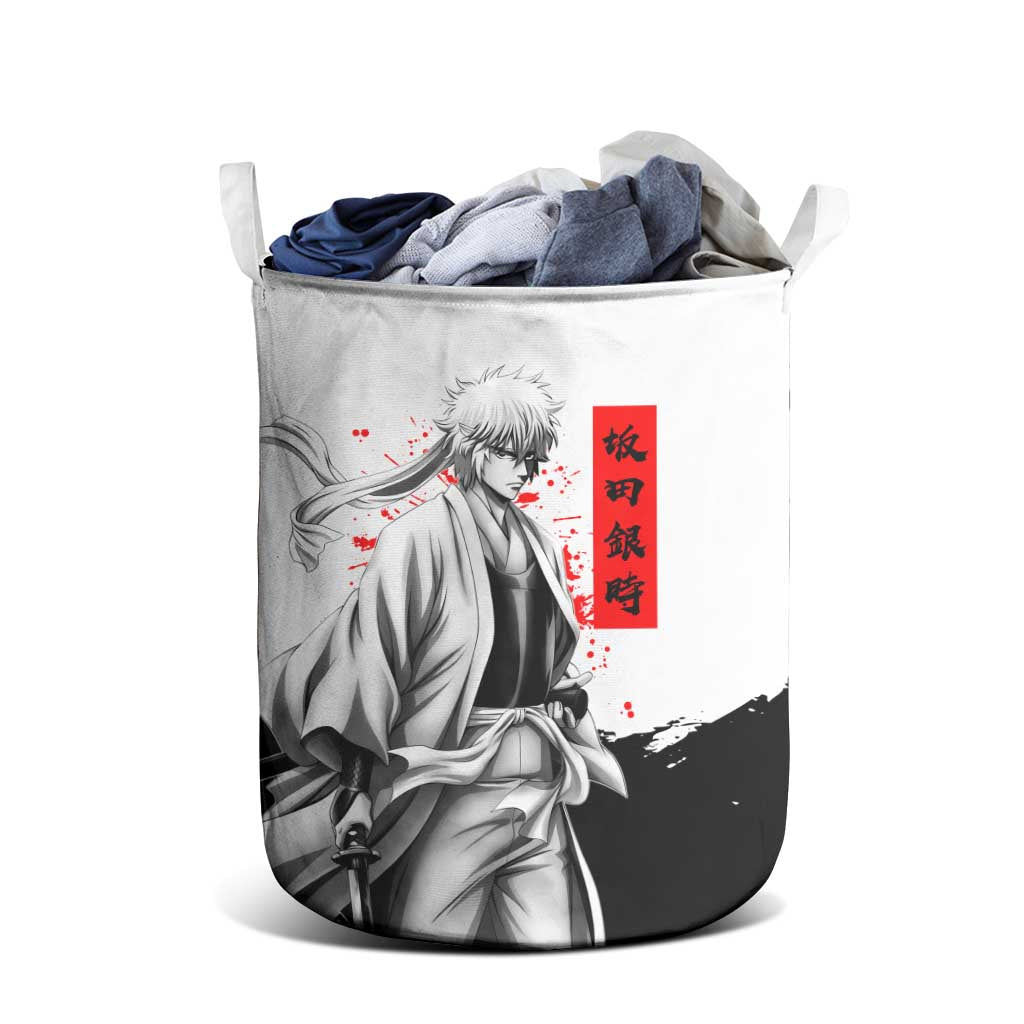 Gintoki Sakata Gintama Samurai Design Laundry Basket with Katana, Red Kanji Calligraphy and Oni Mask Graphic - The Mazicc