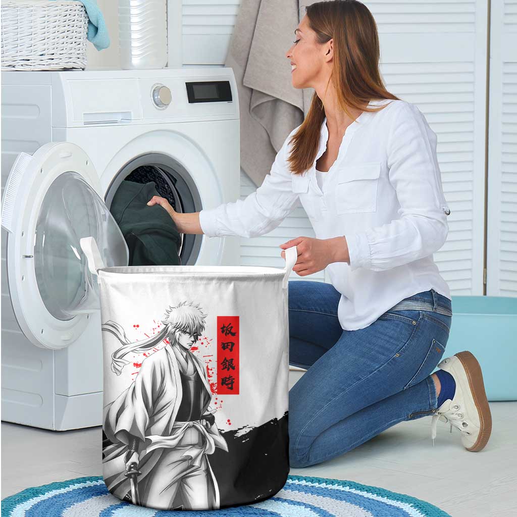 Gintoki Sakata Gintama Samurai Design Laundry Basket with Katana, Red Kanji Calligraphy and Oni Mask Graphic - The Mazicc