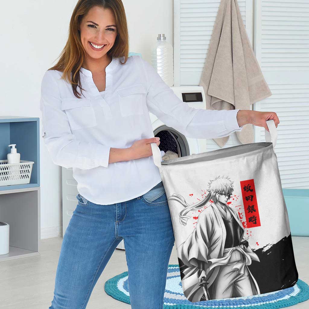 Gintoki Sakata Gintama Samurai Design Laundry Basket with Katana, Red Kanji Calligraphy and Oni Mask Graphic - The Mazicc