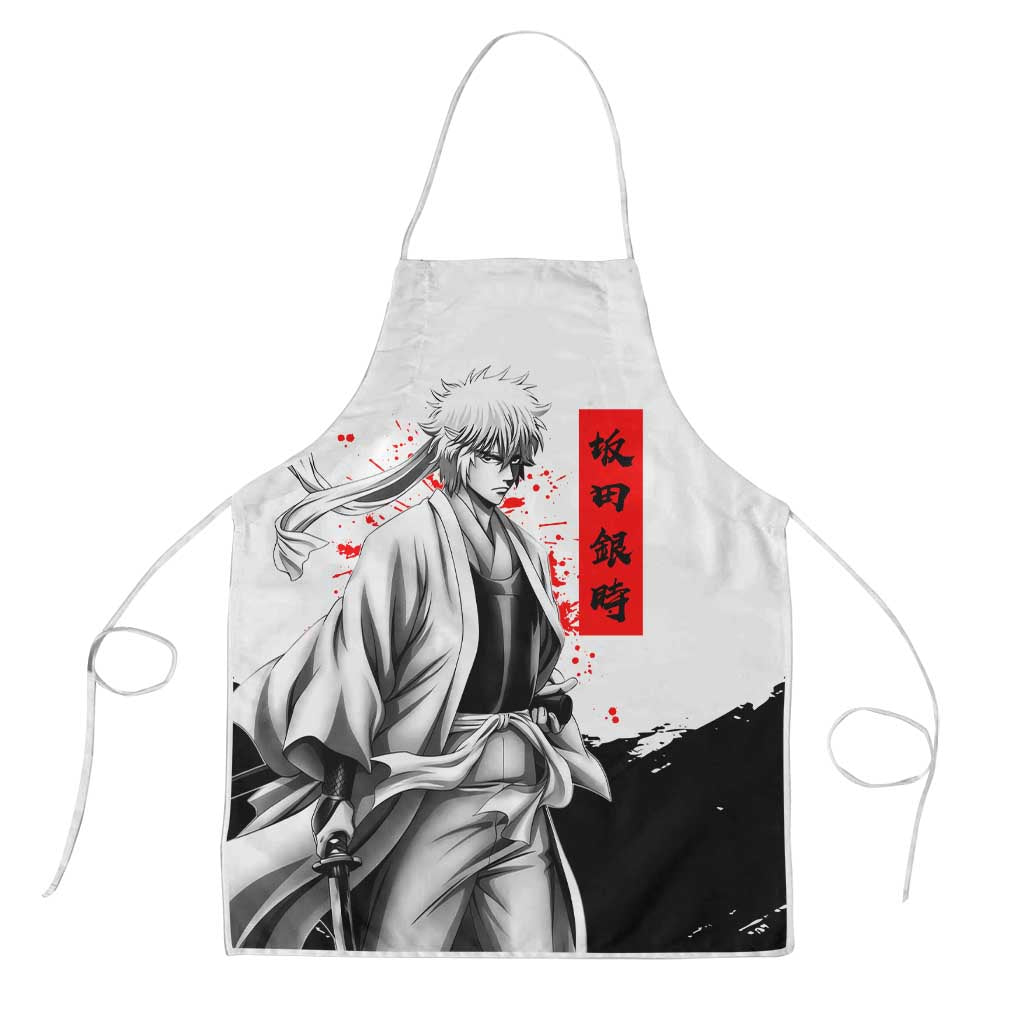 Gintoki Sakata Gintama Samurai Design Apron with Katana, Red Kanji Calligraphy and Oni Mask Graphic - The Mazicc