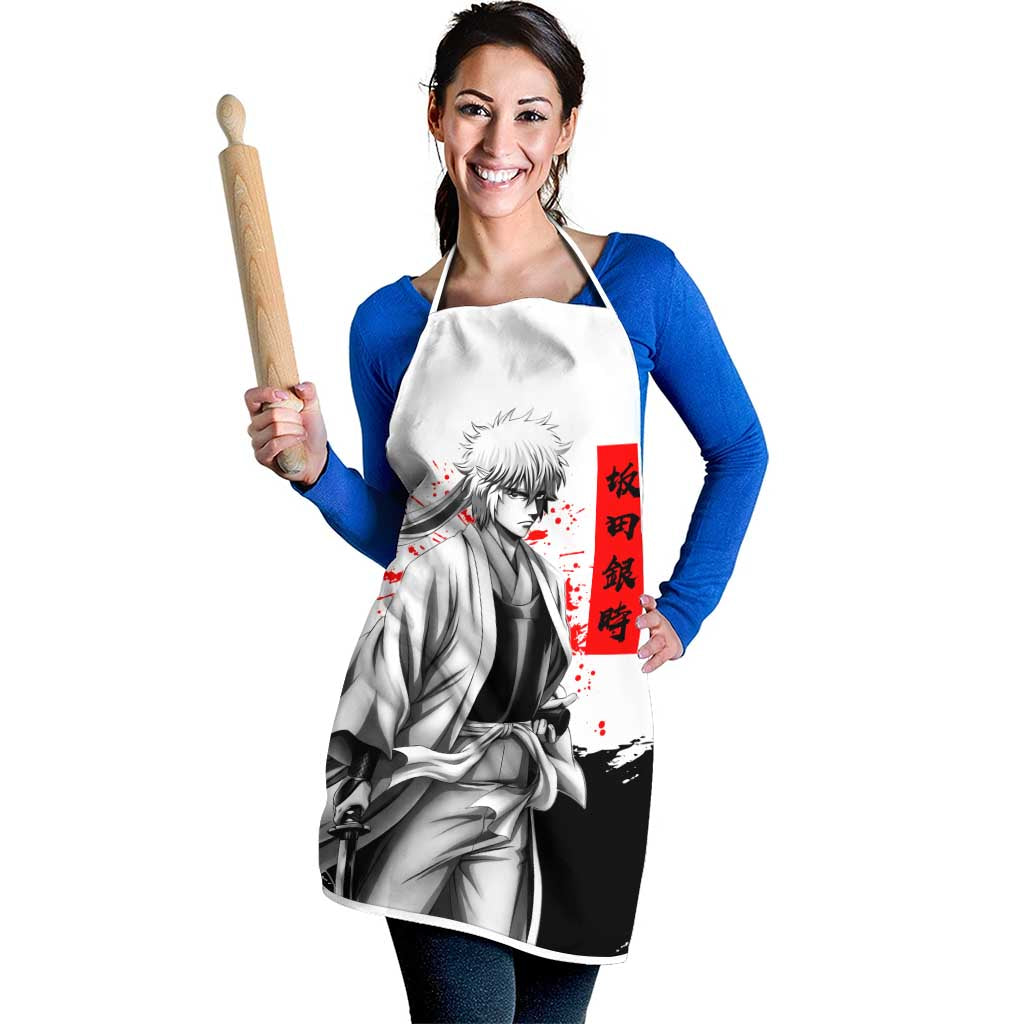 Gintoki Sakata Gintama Samurai Design Apron with Katana, Red Kanji Calligraphy and Oni Mask Graphic - The Mazicc