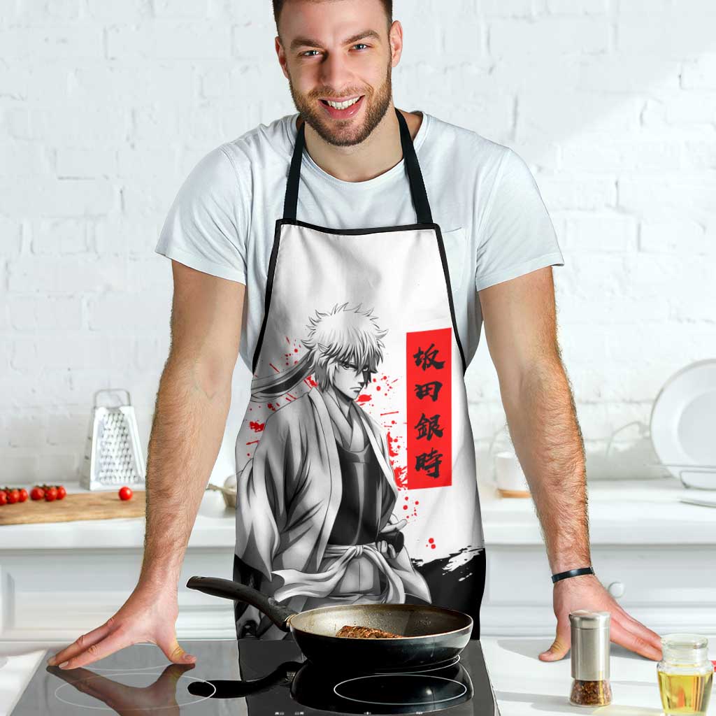 Gintoki Sakata Gintama Samurai Design Apron with Katana, Red Kanji Calligraphy and Oni Mask Graphic - The Mazicc