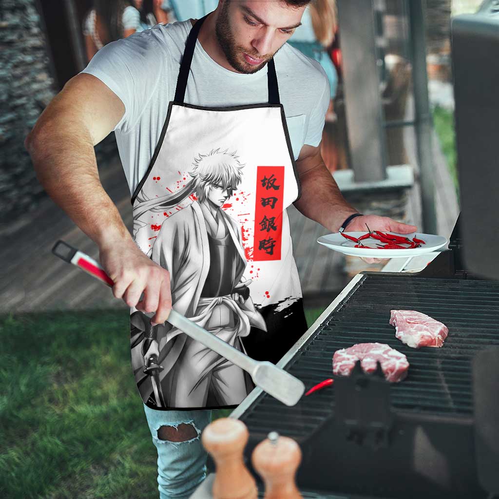 Gintoki Sakata Gintama Samurai Design Apron with Katana, Red Kanji Calligraphy and Oni Mask Graphic - The Mazicc