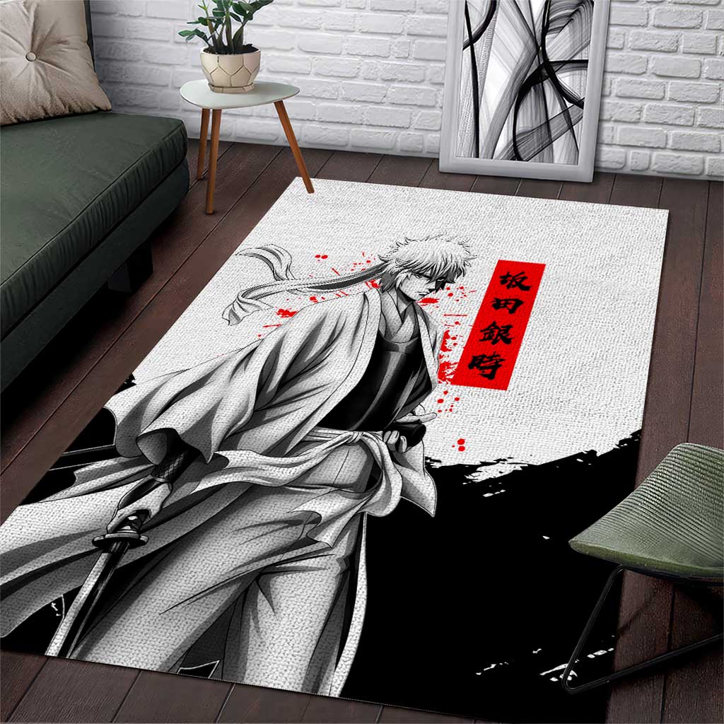 Gintoki Sakata Gintama Samurai Design Area Rug with Katana, Red Kanji Calligraphy and Oni Mask Graphic - The Mazicc