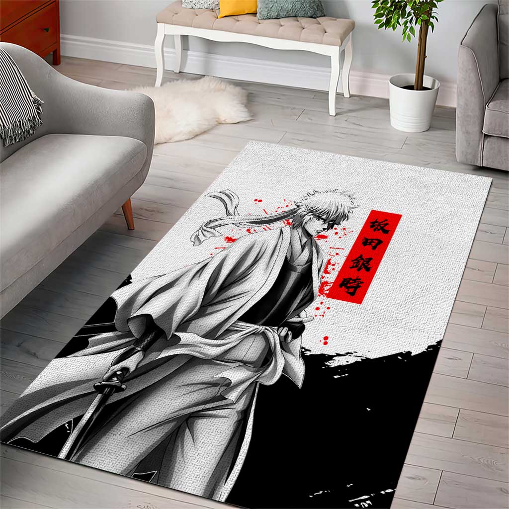 Gintoki Sakata Gintama Samurai Design Area Rug with Katana, Red Kanji Calligraphy and Oni Mask Graphic - The Mazicc