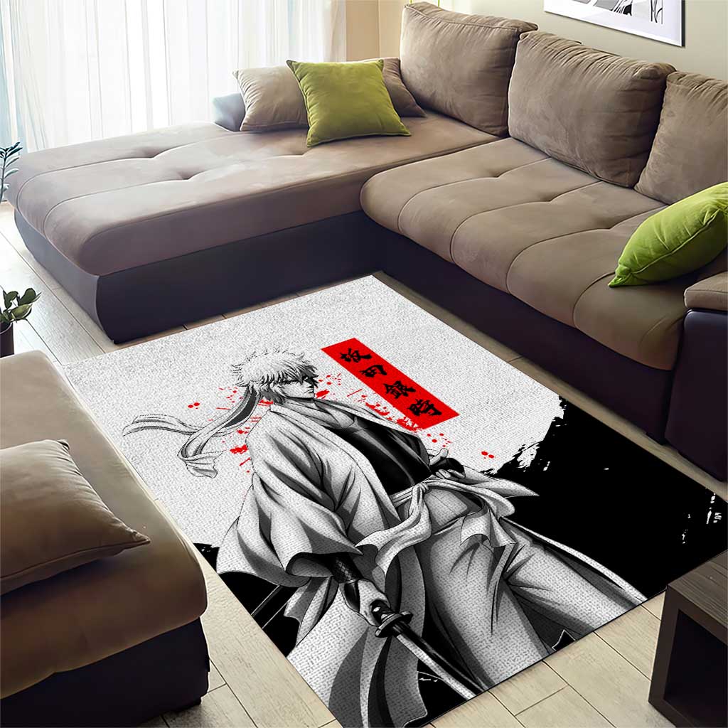 Gintoki Sakata Gintama Samurai Design Area Rug with Katana, Red Kanji Calligraphy and Oni Mask Graphic - The Mazicc