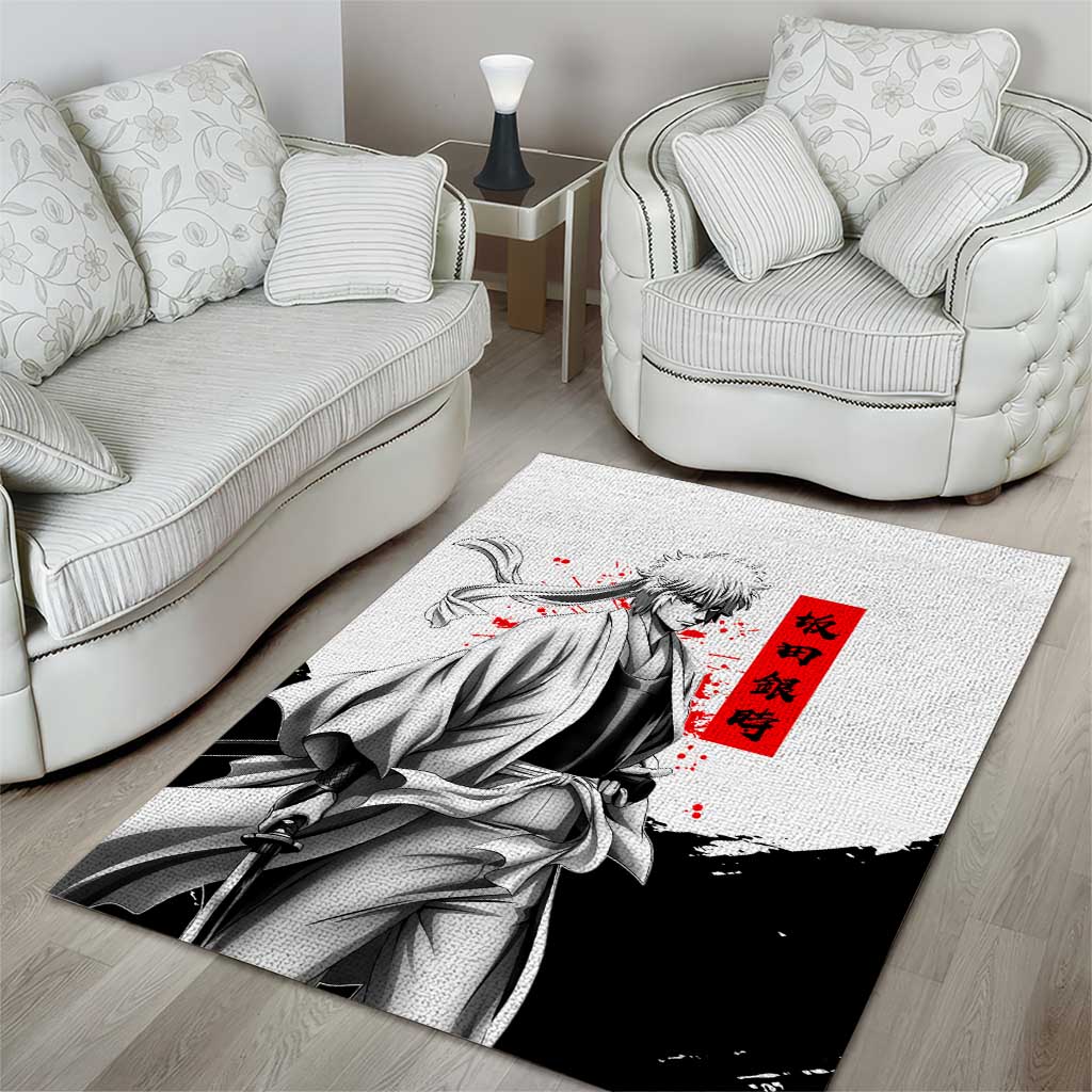 Gintoki Sakata Gintama Samurai Design Area Rug with Katana, Red Kanji Calligraphy and Oni Mask Graphic - The Mazicc