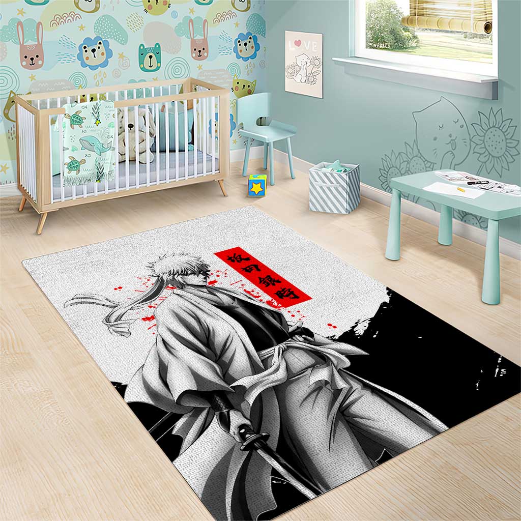 Gintoki Sakata Gintama Samurai Design Area Rug with Katana, Red Kanji Calligraphy and Oni Mask Graphic - The Mazicc