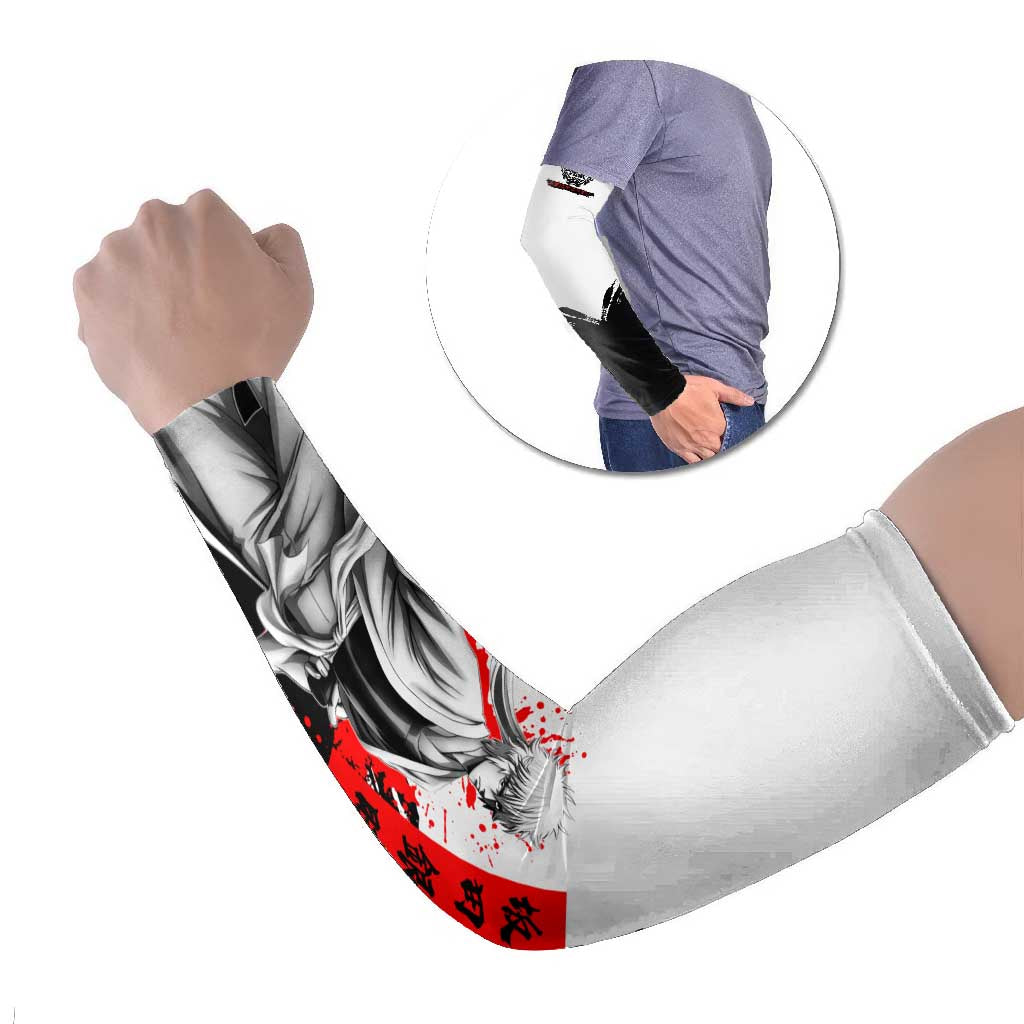 Gintoki Sakata Gintama Samurai Design Arm Sleeves with Katana, Red Kanji Calligraphy and Oni Mask Graphic - The Mazicc
