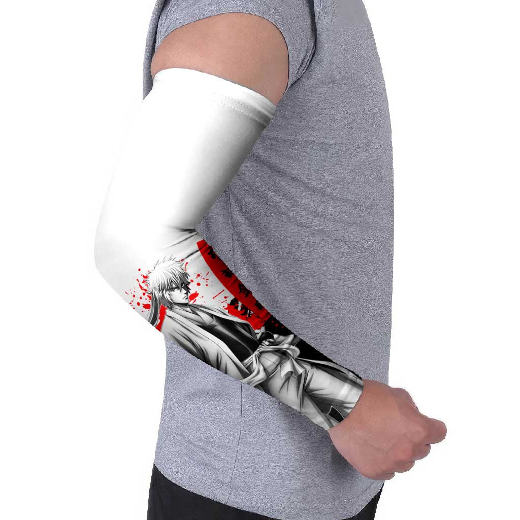 Gintoki Sakata Gintama Samurai Design Arm Sleeves with Katana, Red Kanji Calligraphy and Oni Mask Graphic - The Mazicc