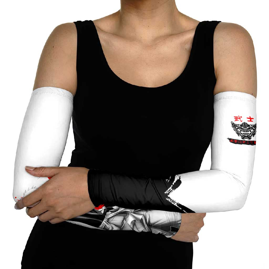 Gintoki Sakata Gintama Samurai Design Arm Sleeves with Katana, Red Kanji Calligraphy and Oni Mask Graphic - The Mazicc