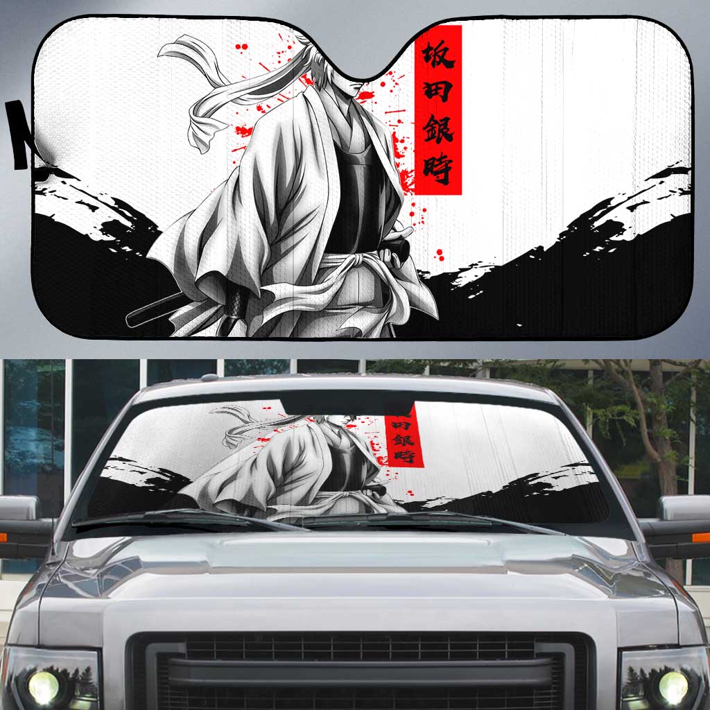Gintoki Sakata Gintama Samurai Design Auto Sun Shade with Katana, Red Kanji Calligraphy and Oni Mask Graphic - The Mazicc