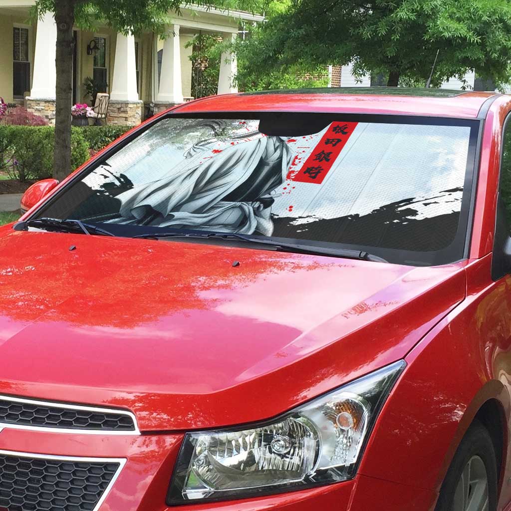Gintoki Sakata Gintama Samurai Design Auto Sun Shade with Katana, Red Kanji Calligraphy and Oni Mask Graphic - The Mazicc