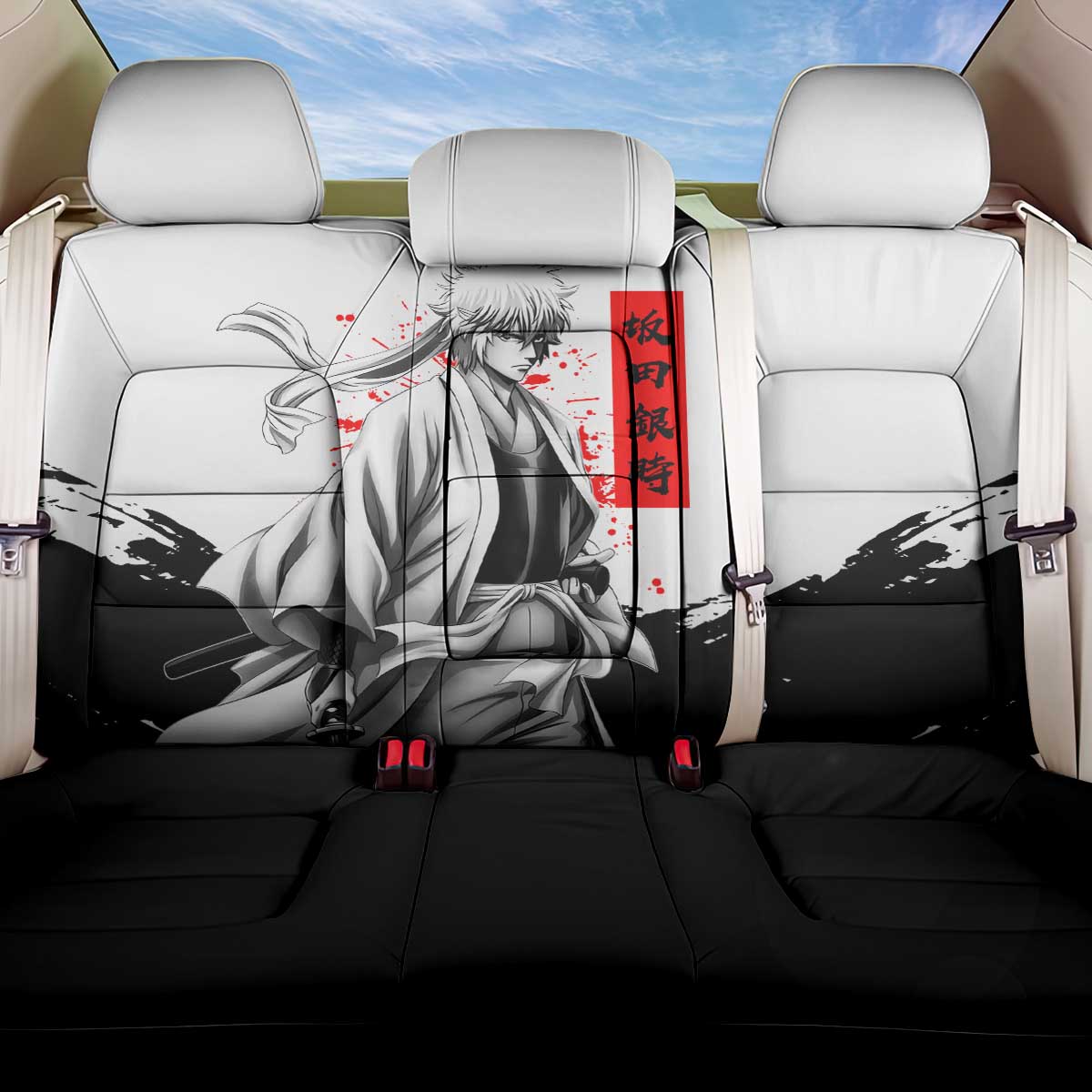 Gintoki Sakata Gintama Samurai Design Back Car Seat Cover with Katana, Red Kanji Calligraphy and Oni Mask Graphic - The Mazicc