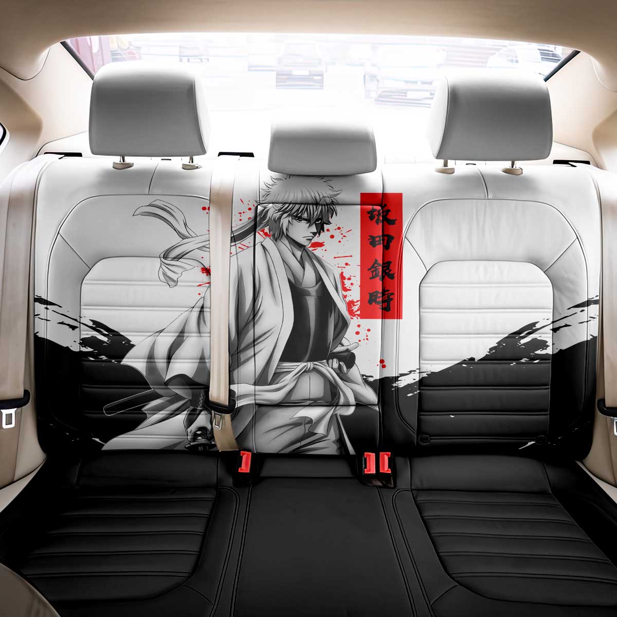 Gintoki Sakata Gintama Samurai Design Back Car Seat Cover with Katana, Red Kanji Calligraphy and Oni Mask Graphic - The Mazicc