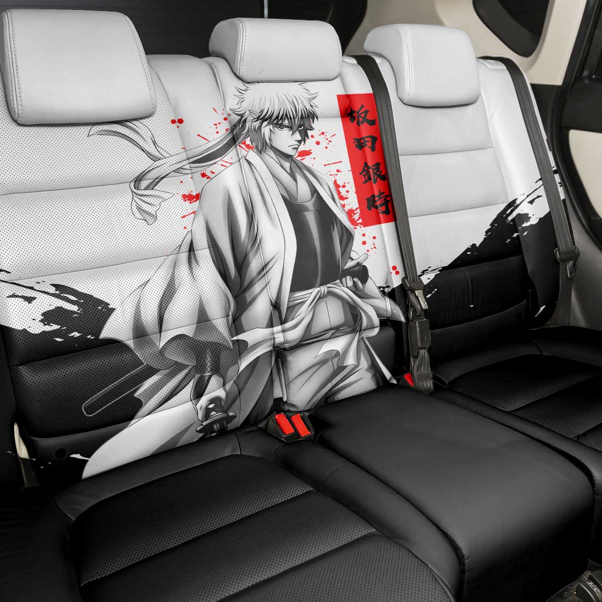 Gintoki Sakata Gintama Samurai Design Back Car Seat Cover with Katana, Red Kanji Calligraphy and Oni Mask Graphic - The Mazicc