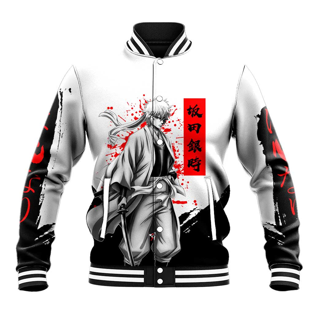 Gintoki Sakata Gintama Samurai Design Baseball Jacket with Katana, Red Kanji Calligraphy and Oni Mask Graphic - The Mazicc