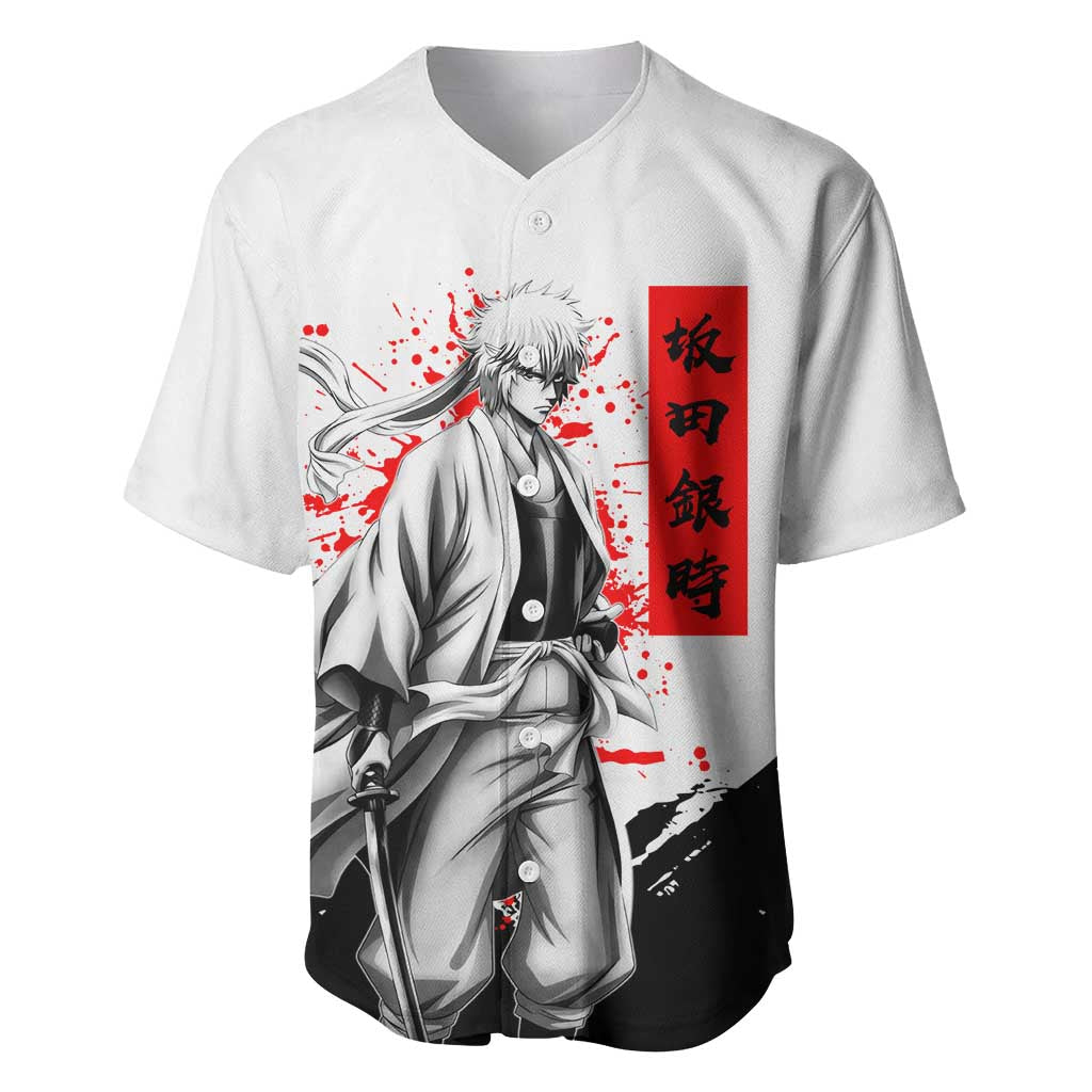 Gintoki Sakata Gintama Samurai Design Baseball Jersey with Katana, Red Kanji Calligraphy and Oni Mask Graphic - The Mazicc