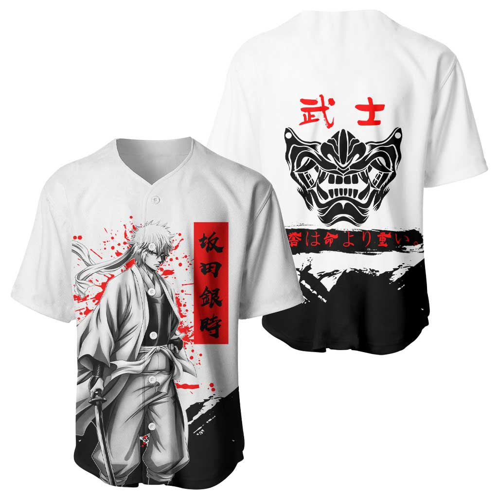 Gintoki Sakata Gintama Samurai Design Baseball Jersey with Katana, Red Kanji Calligraphy and Oni Mask Graphic - The Mazicc