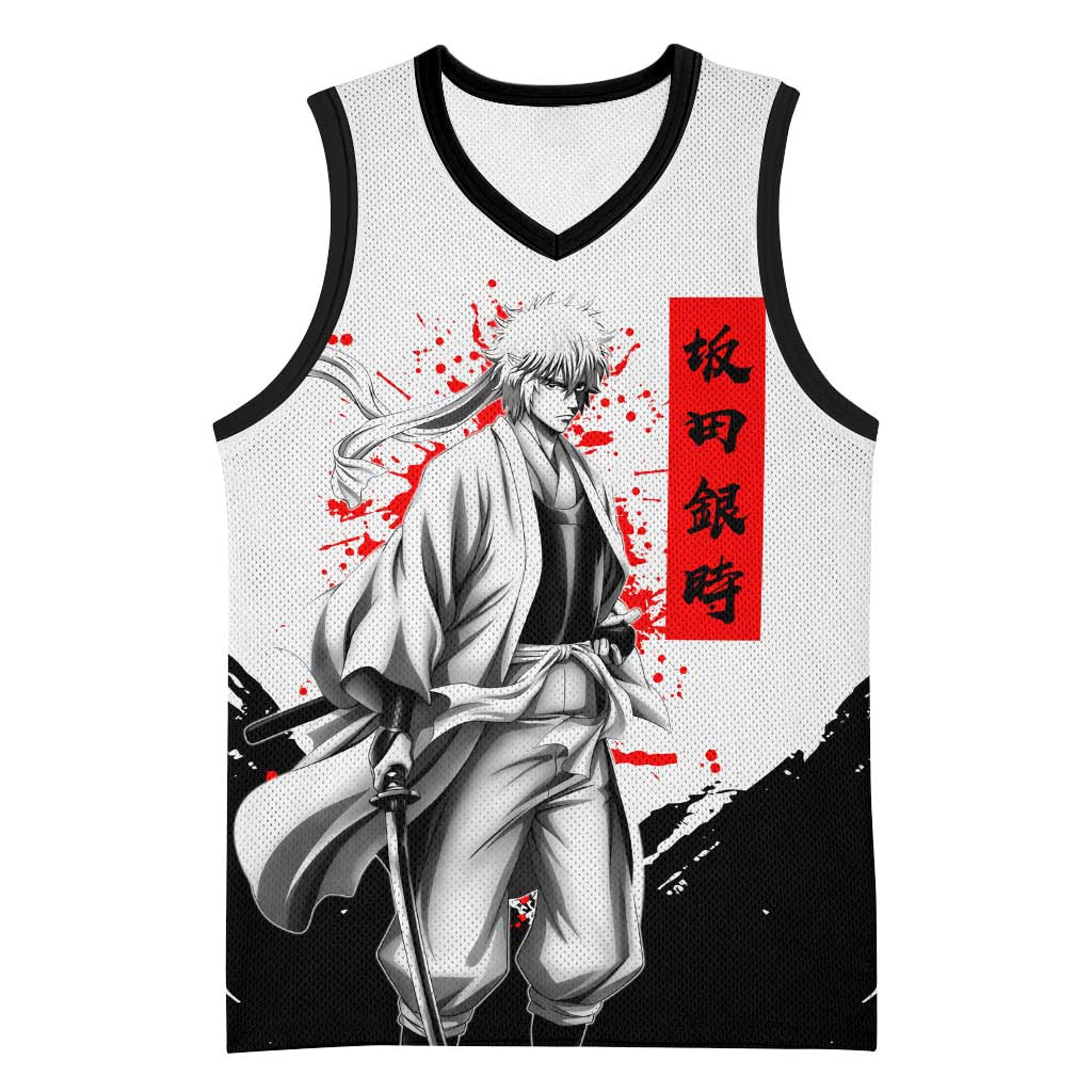 Gintoki Sakata Gintama Samurai Design Basketball Jersey with Katana, Red Kanji Calligraphy and Oni Mask Graphic - The Mazicc