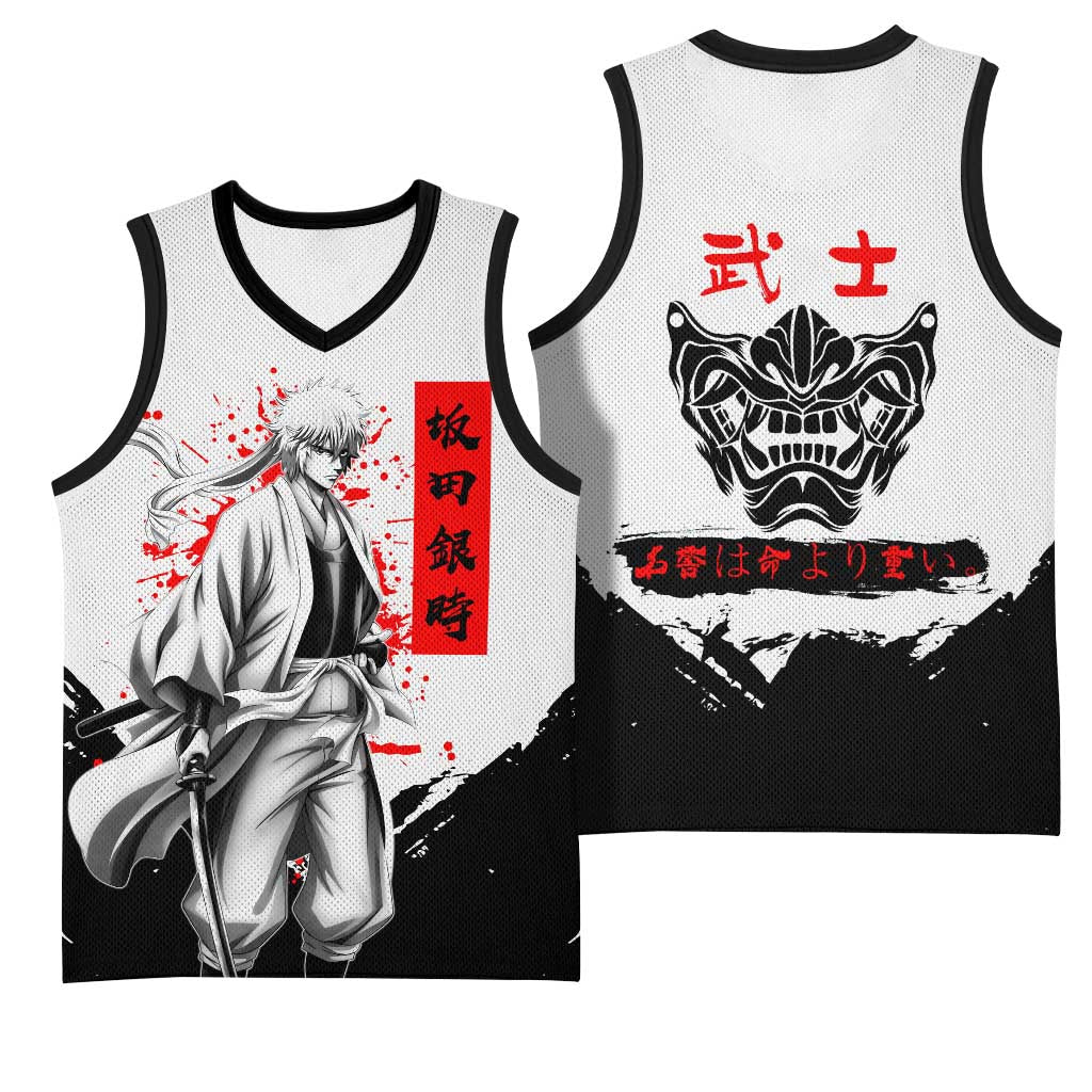 Gintoki Sakata Gintama Samurai Design Basketball Jersey with Katana, Red Kanji Calligraphy and Oni Mask Graphic - The Mazicc