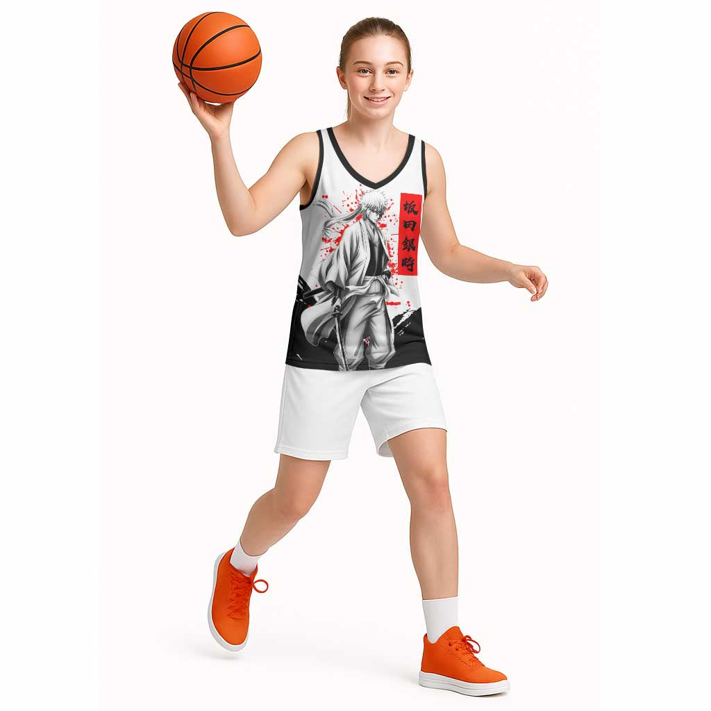 Gintoki Sakata Gintama Samurai Design Basketball Jersey with Katana, Red Kanji Calligraphy and Oni Mask Graphic - The Mazicc