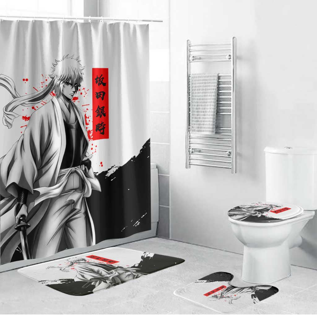Gintoki Sakata Gintama Samurai Design Bathroom Set with Katana, Red Kanji Calligraphy and Oni Mask Graphic - The Mazicc