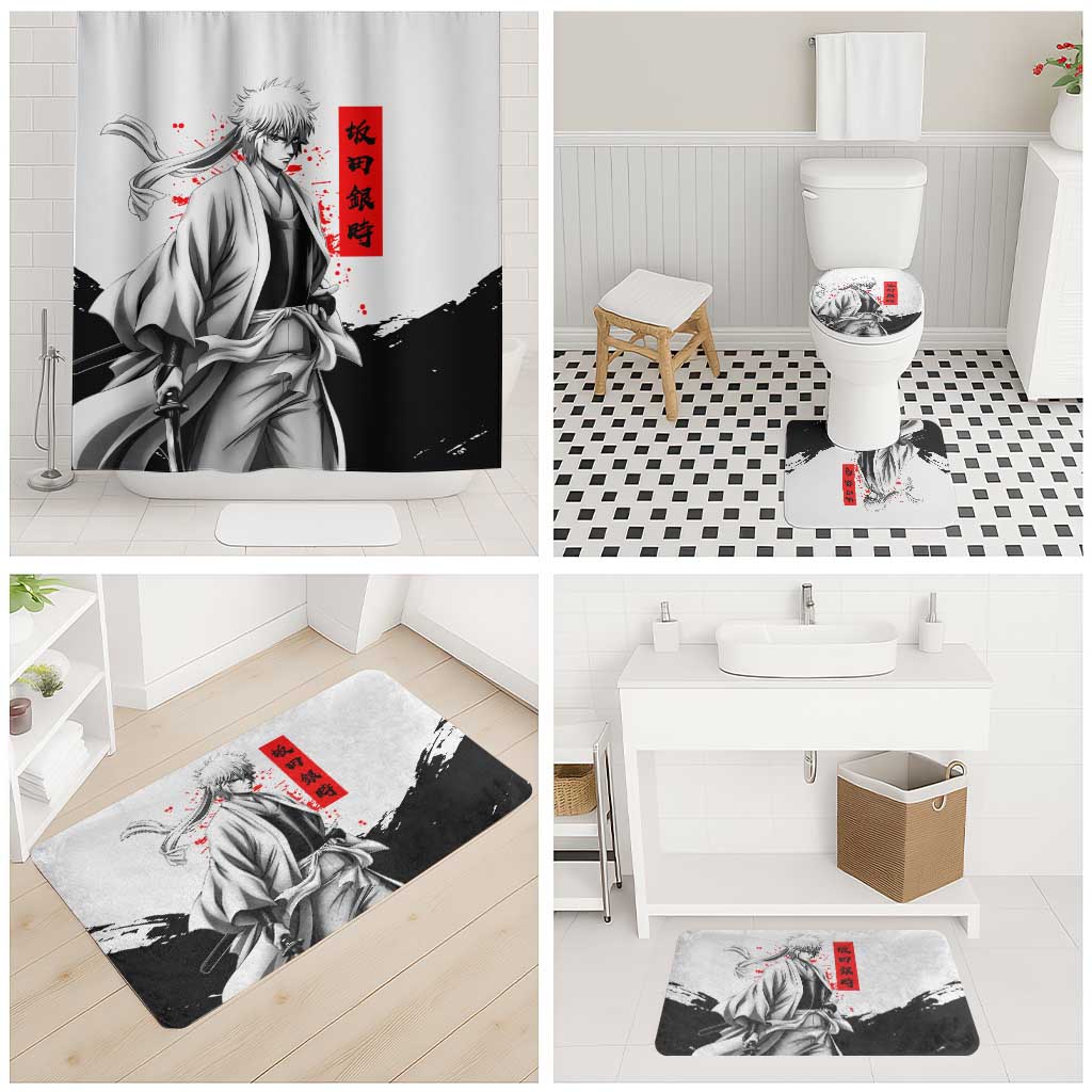 Gintoki Sakata Gintama Samurai Design Bathroom Set with Katana, Red Kanji Calligraphy and Oni Mask Graphic - The Mazicc