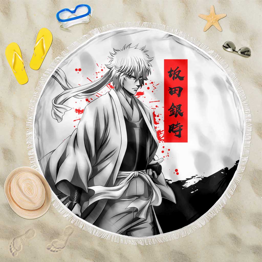 Gintoki Sakata Gintama Samurai Design Beach Blanket with Katana, Red Kanji Calligraphy and Oni Mask Graphic - The Mazicc