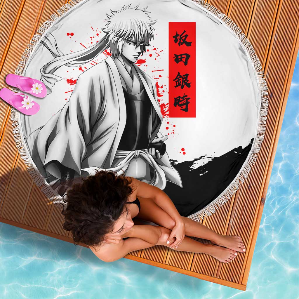Gintoki Sakata Gintama Samurai Design Beach Blanket with Katana, Red Kanji Calligraphy and Oni Mask Graphic - The Mazicc