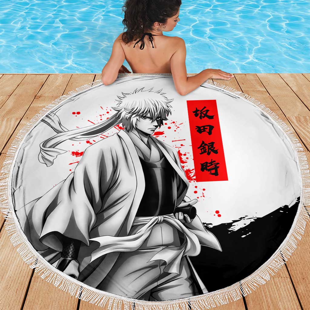 Gintoki Sakata Gintama Samurai Design Beach Blanket with Katana, Red Kanji Calligraphy and Oni Mask Graphic - The Mazicc