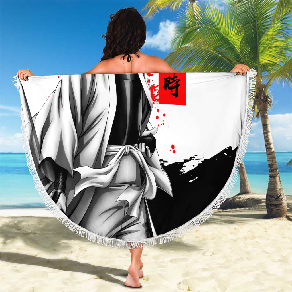 Gintoki Sakata Gintama Samurai Design Beach Blanket with Katana, Red Kanji Calligraphy and Oni Mask Graphic - The Mazicc