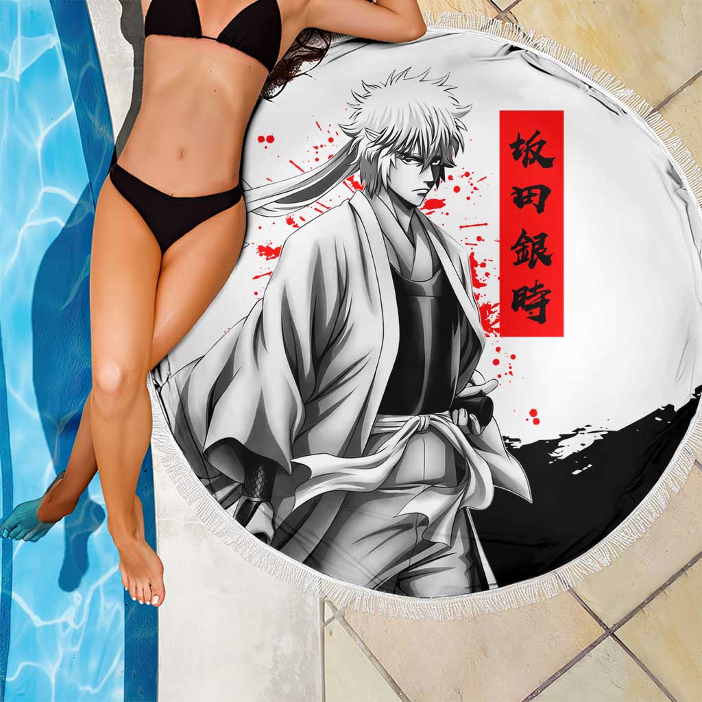 Gintoki Sakata Gintama Samurai Design Beach Blanket with Katana, Red Kanji Calligraphy and Oni Mask Graphic - The Mazicc