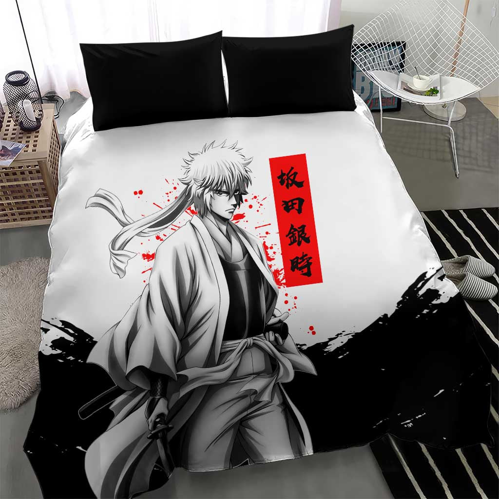 Gintoki Sakata Gintama Samurai Design Bedding Set with Katana, Red Kanji Calligraphy and Oni Mask Graphic - The Mazicc